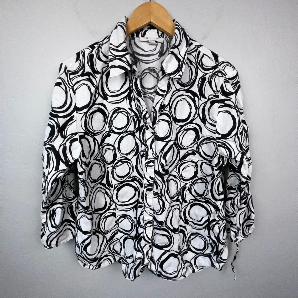JM Collection Shirt Women 16 Black White 100% Linen Abstract Circle Button Up